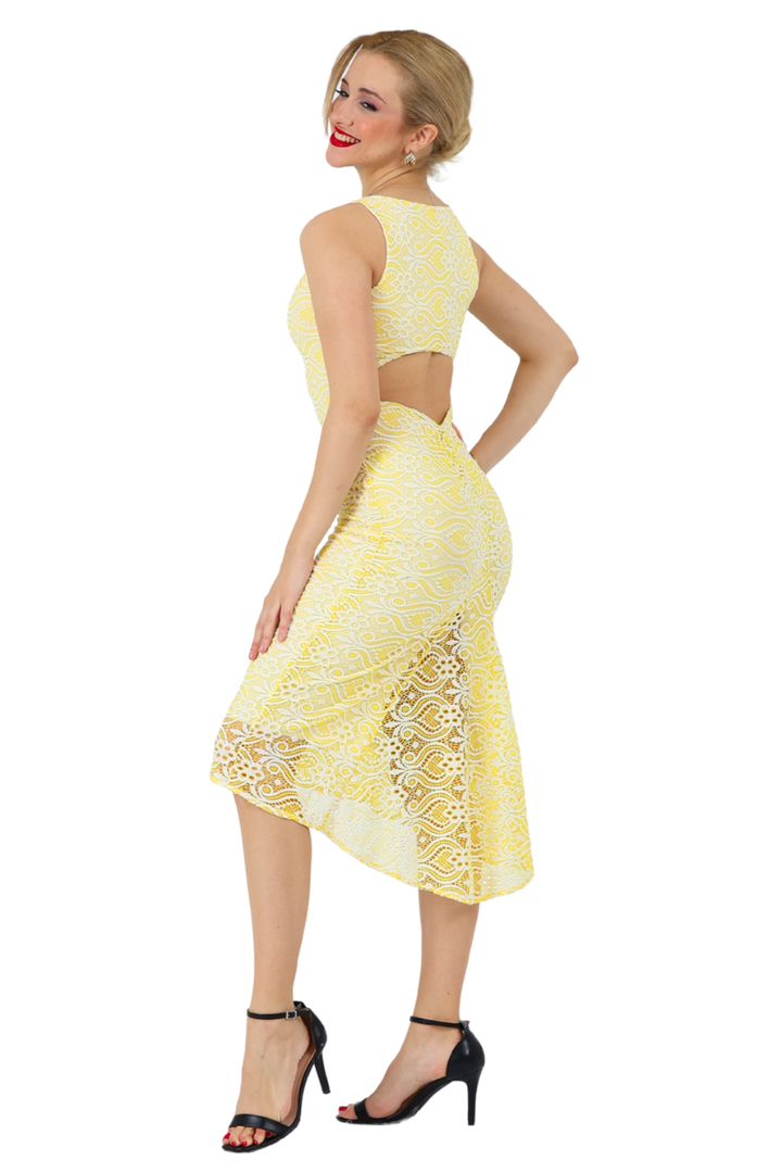 Yellow Lace Keyhole Back Fishtail Dress