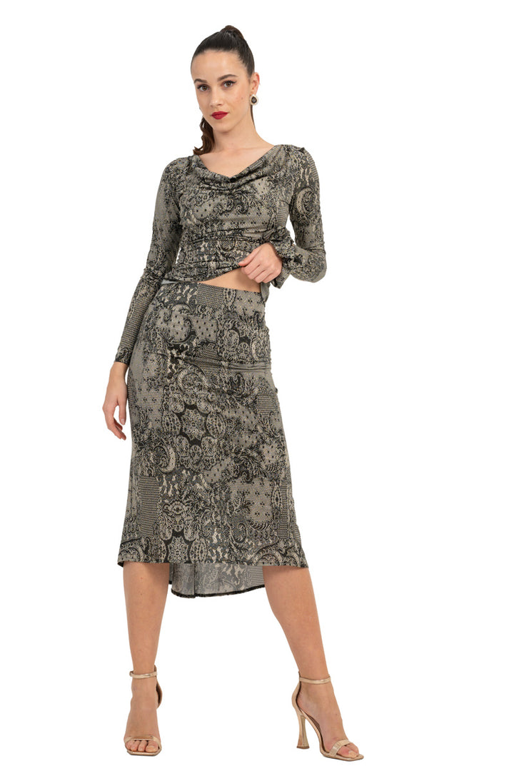 Lace Print Tango Skirt With Back Slit
