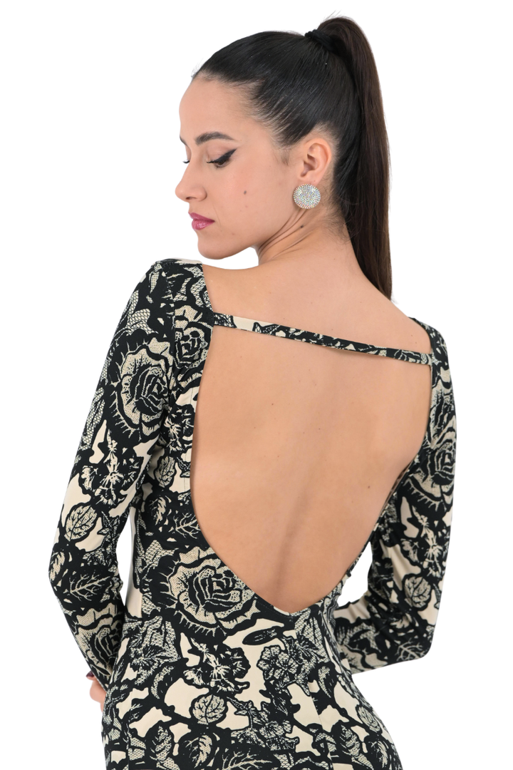 Lace Motif Print Tango Dress With Open Back