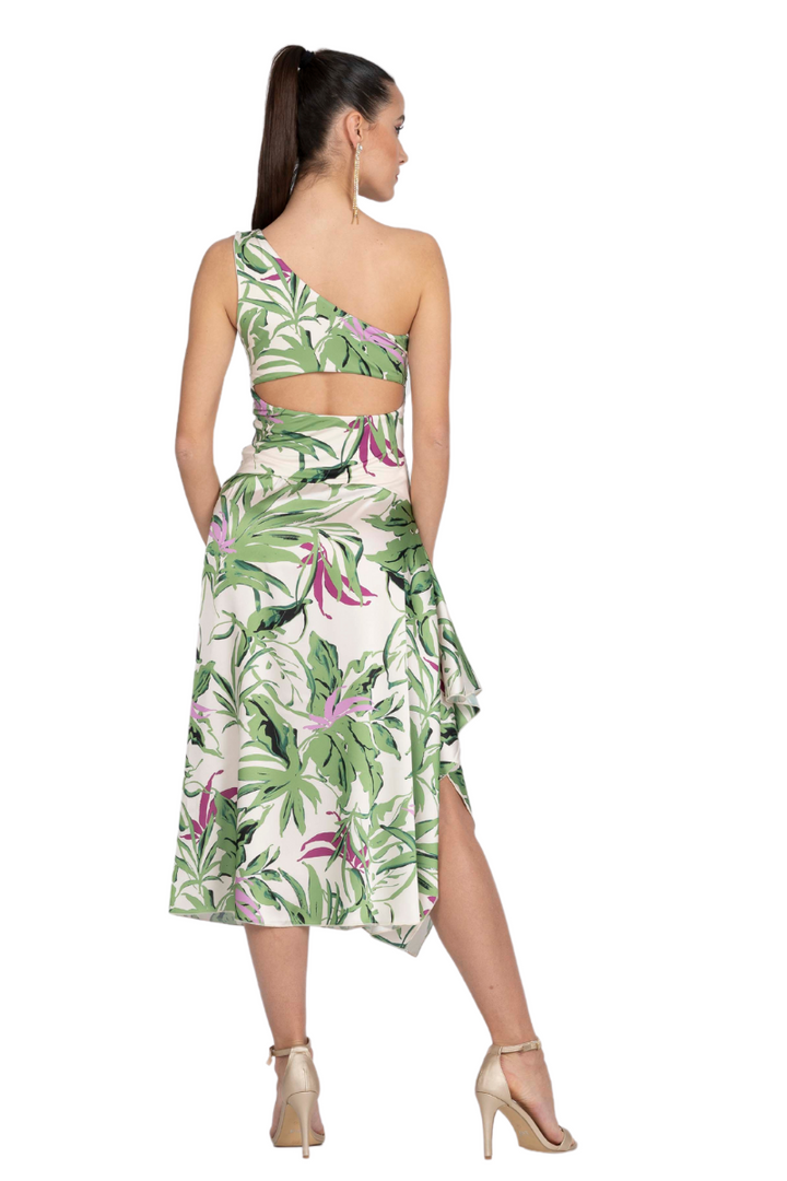 Leaf Print One-Shoulder Keyhole Back Tango Dress With Side Draping