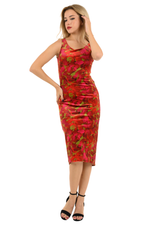 Load image into Gallery viewer, Red Printed Velvet Fishtail Dress With Keyhole Back
