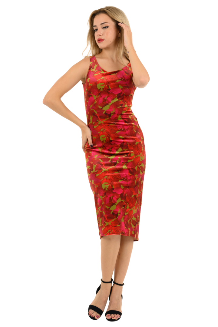 Red Printed Velvet Fishtail Dress With Keyhole Back