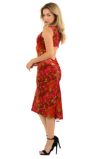 Load image into Gallery viewer, Red Printed Velvet Fishtail Dress With Keyhole Back
