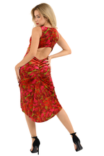 Load image into Gallery viewer, Red Printed Velvet Fishtail Dress With Keyhole Back
