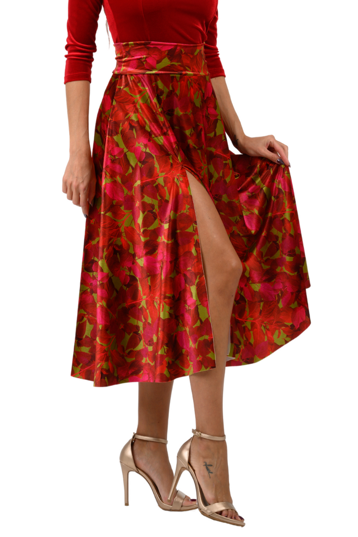 Leaf Print Velvet Flowing Skirt With Slit