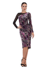 Load image into Gallery viewer, Long-Sleeve Printed Velvet Fishtail Dress With Mesh Details