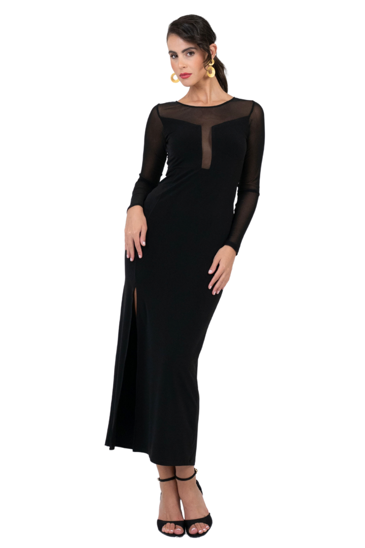 Long Sleeve Mesh Tango Dress with Front Slit
