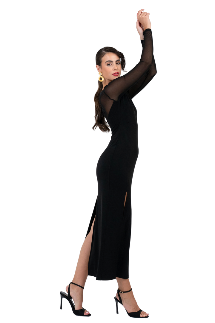 Long Sleeve Mesh Tango Dress with Front Slit