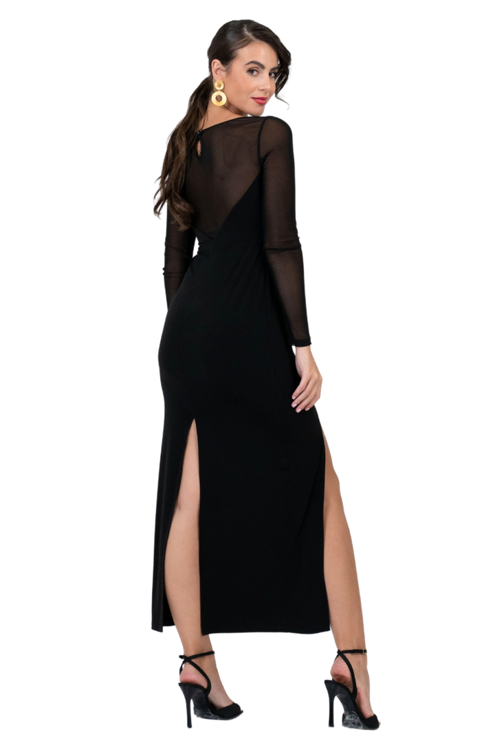 Long Sleeve Mesh Tango Dress with Front Slit