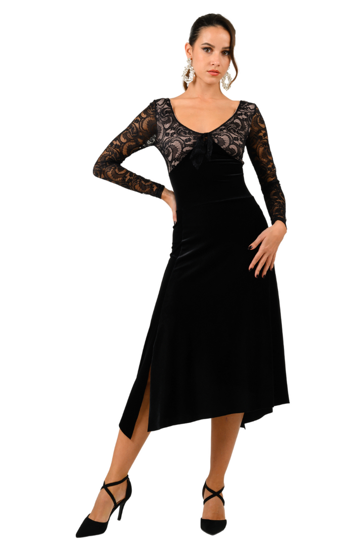 Long Sleeve Velvet & Lace Dress with Crisscross Back