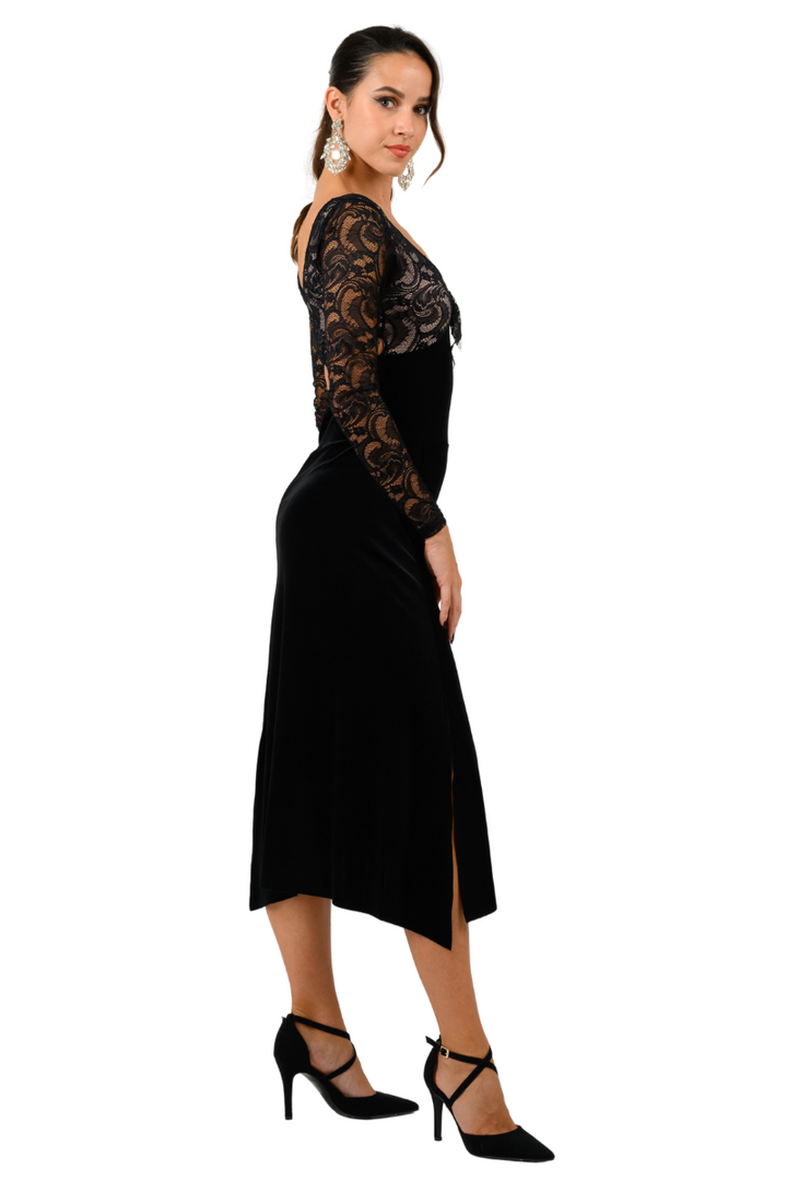 Long Sleeve Velvet & Lace Dress with Crisscross Back