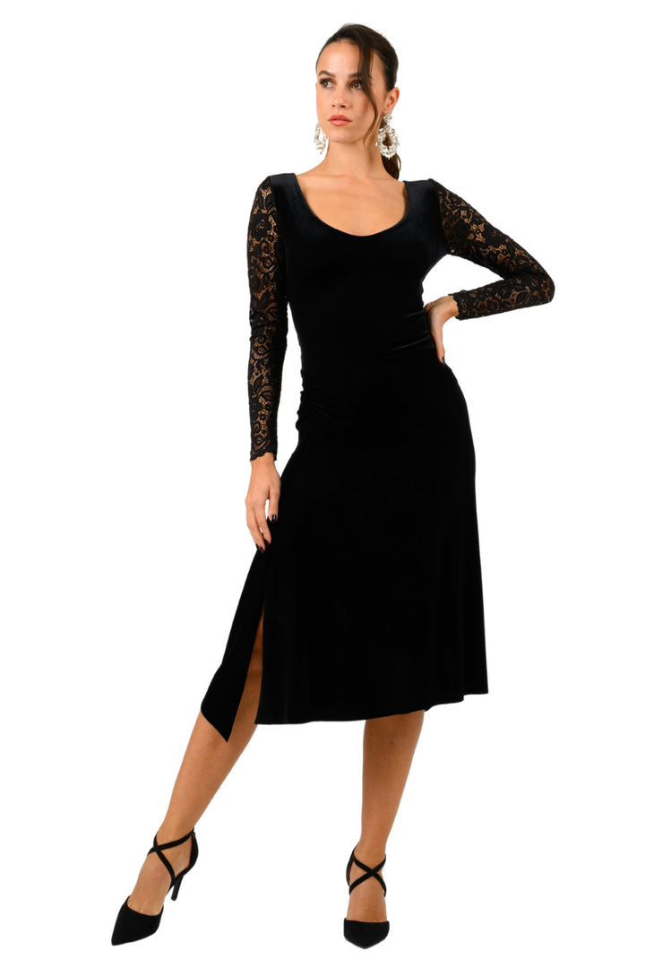Long Sleeve Velvet & Lace Dress with Crisscross Back conDiva Long Sleeve Velvet & Lace Dress with Crisscross Back conDiva