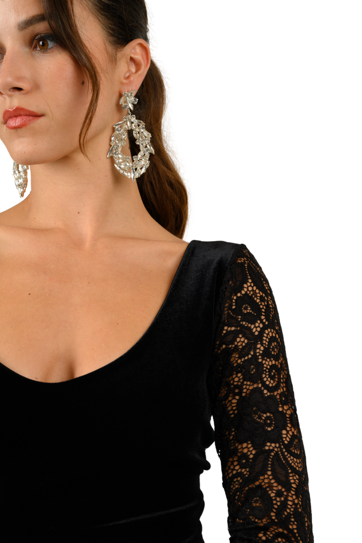 Long Sleeve Velvet & Lace Dress with Crisscross Back