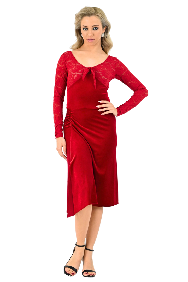 Long Sleeve Velvet & Lace Dress with Crisscross Back