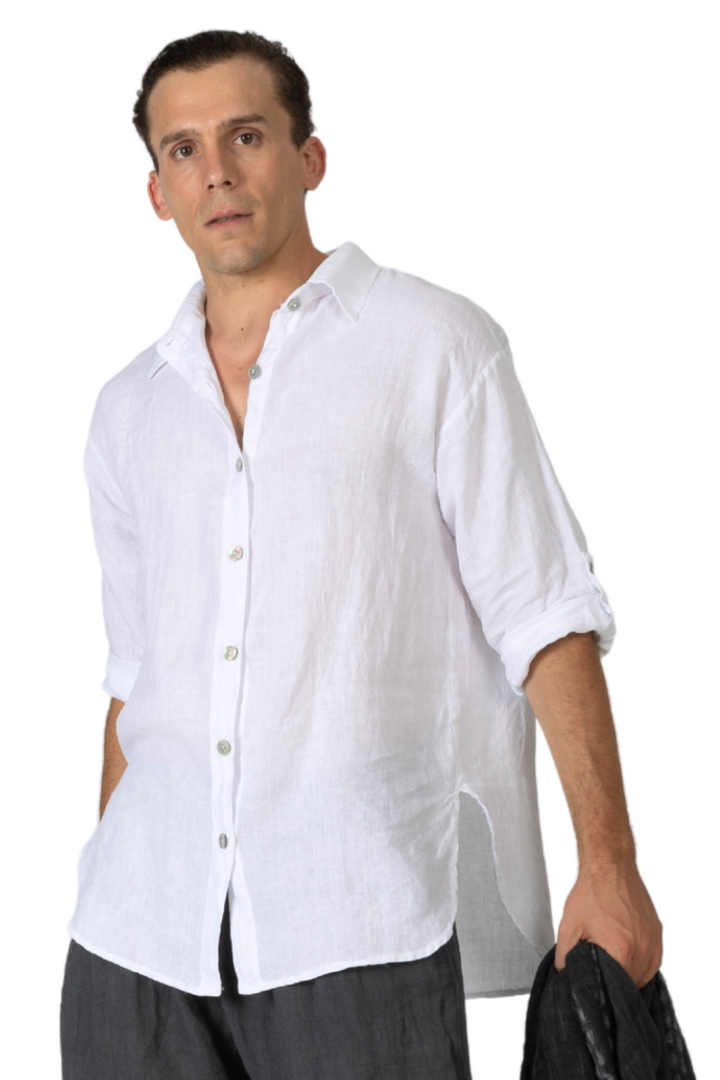 Loose Fit White Linen Button-Down Shirt