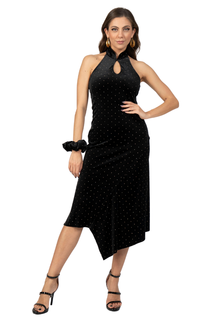 Mandarin Neckline Studded Velvet Tango Dress