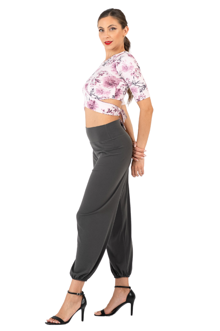 Mauve Floral Waist Tie Top With Half Sleeves