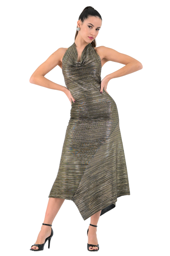 Metallic Pleated Halter Midi Asymmetric Dress