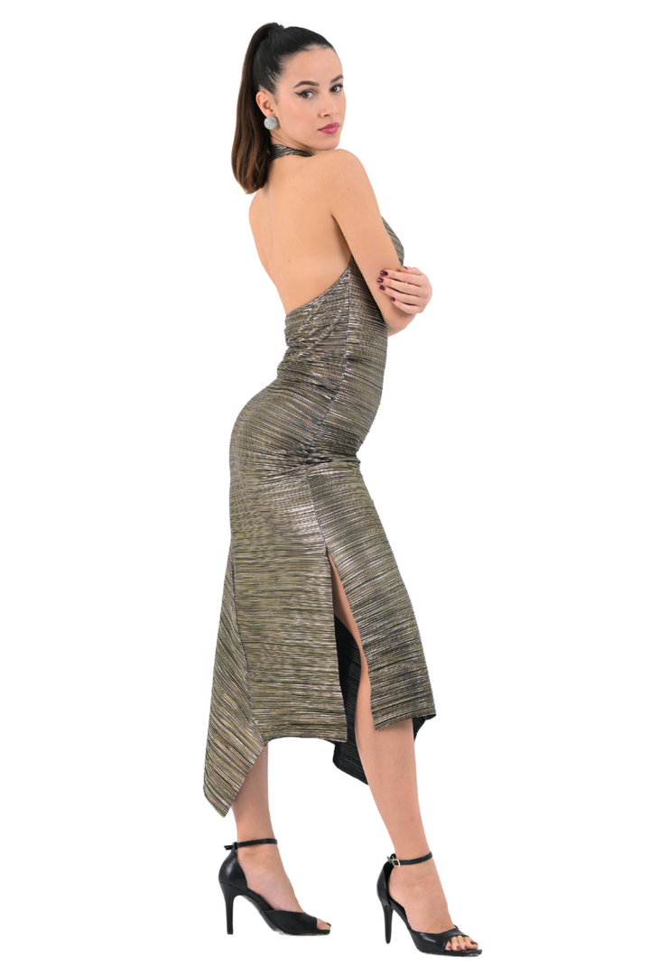 Metallic Pleated Halter Midi Asymmetric Dress
