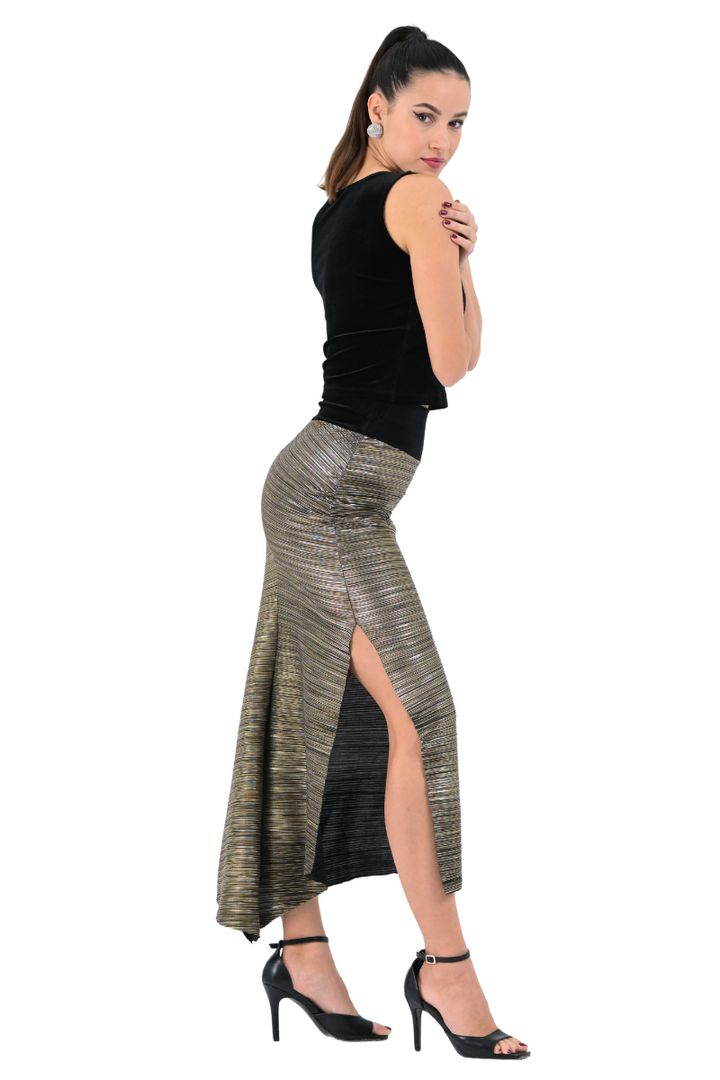 Metallic Pleated Midi Skirt With Side Slit