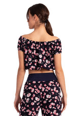Load image into Gallery viewer, Mexican Style Off-The-Shoulder Dark Blue Floral Print Crop Top