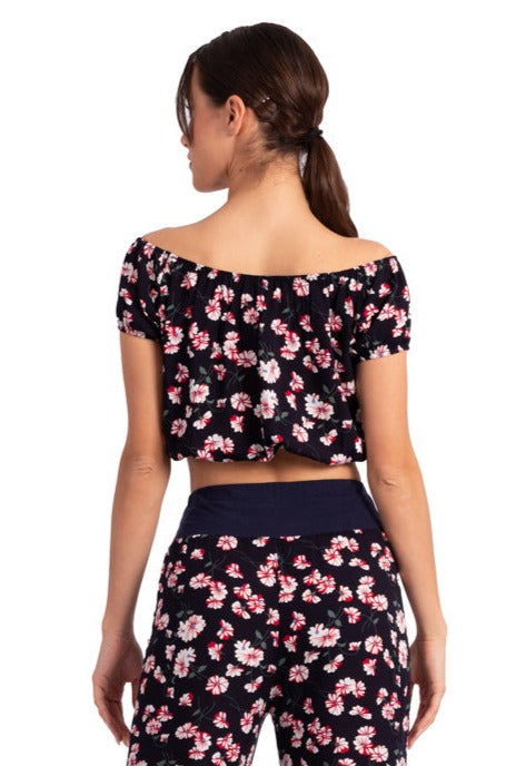 Mexican Style Off-The-Shoulder Dark Blue Floral Print Crop Top