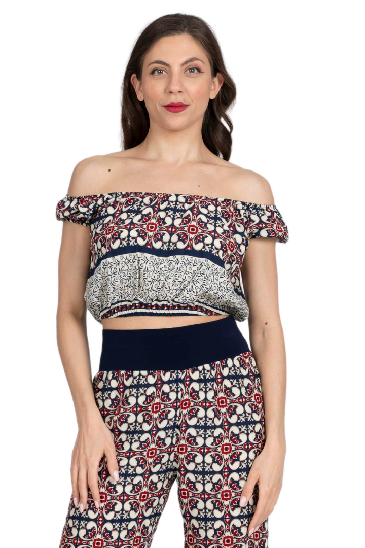 Mexican Style Off-The-Shoulder Tile Print Crop Top