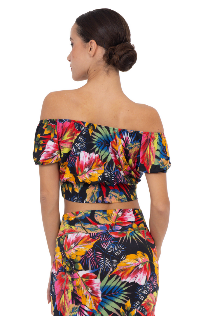 Mexican Style Off-The-Shoulder Tropical Print Crop Top