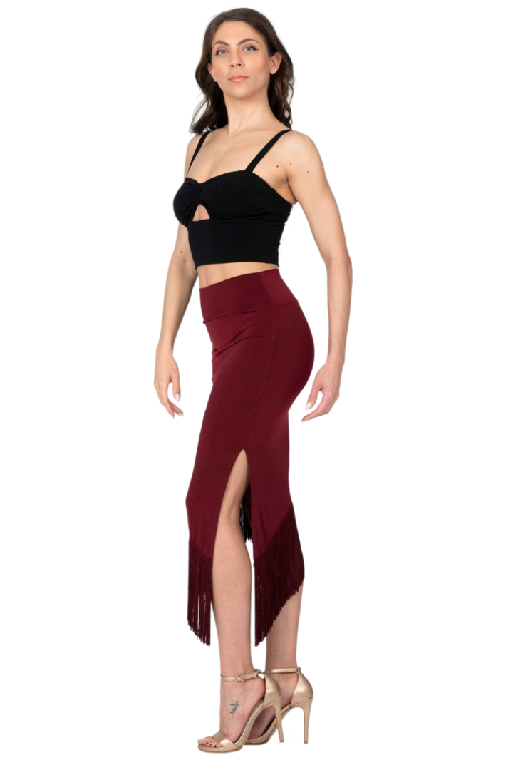 Midi Asymmetric Tango Skirt With Fringe