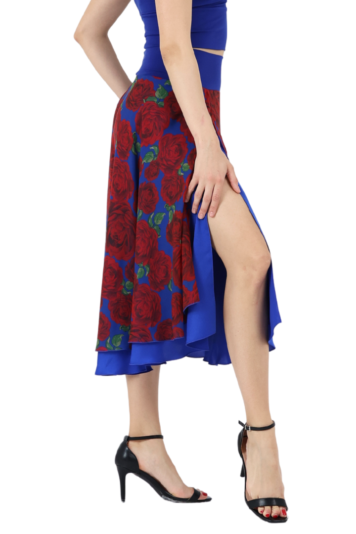 Midnight Rose Print Two-layer Satin Dance Skirt
