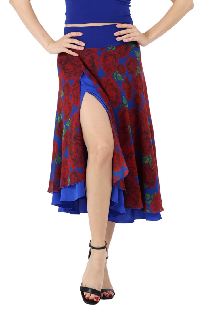 Midnight Rose Print Two-layer Satin Dance Skirt