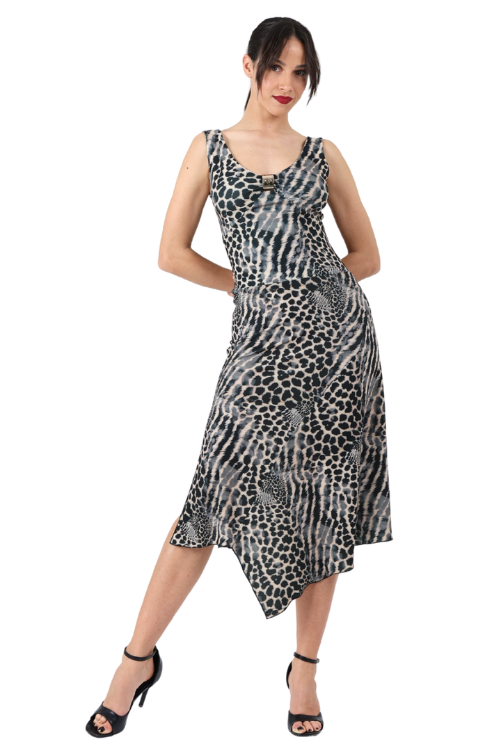 Mixed Animal Print Dress With Cutout Back & Metallic Detail
