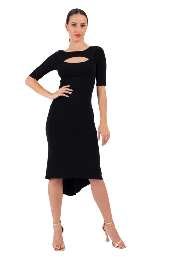 Monochrome Front Cutout Fishtail Dress With Sleeves