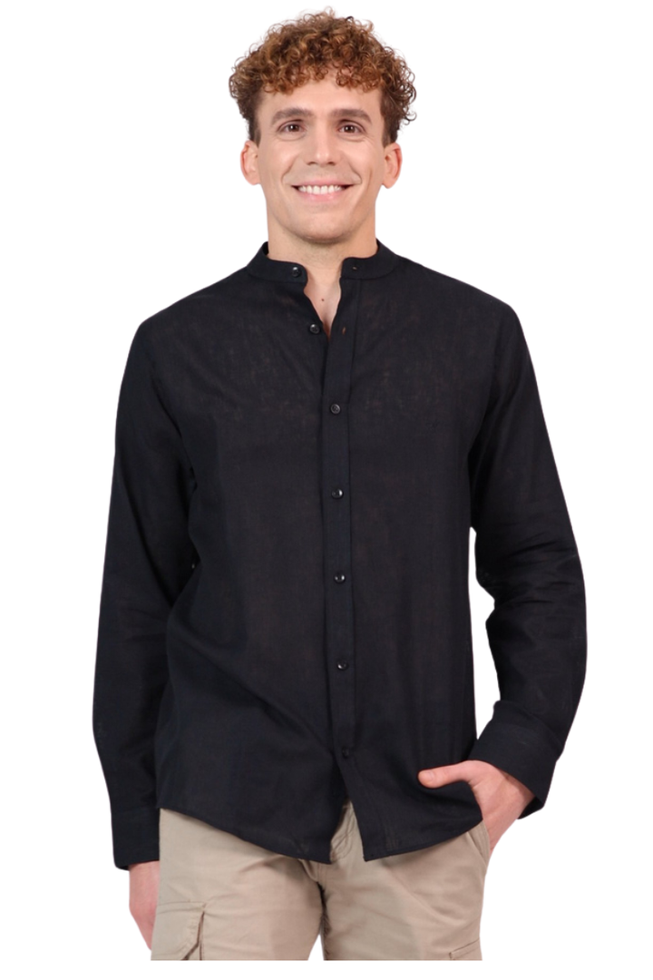 Monochrome Men's Linen Shirt With Mandarin Collar