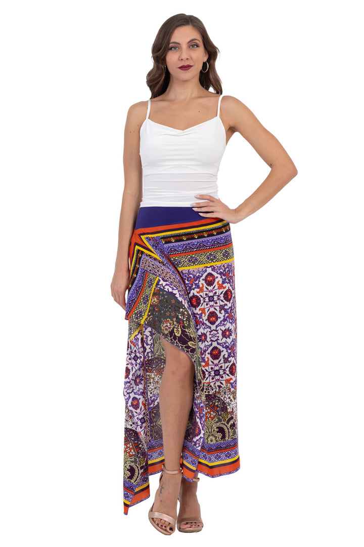 Multicolor Tile Print Satin Tango Skirt with Ruffled Slit