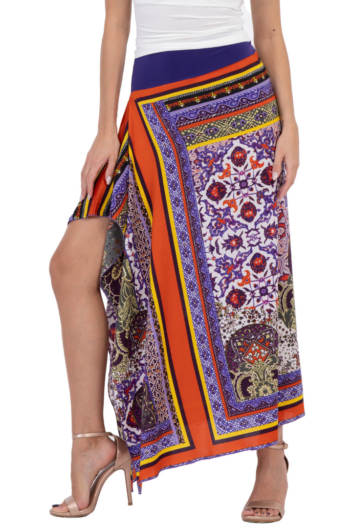 Multicolor Tile Print Satin Tango Skirt with Ruffled Slit 