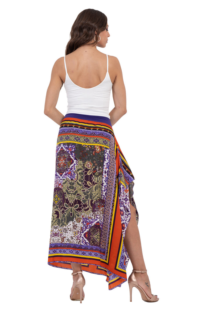 Multicolor Tile Print Satin Tango Skirt with Ruffled Slit