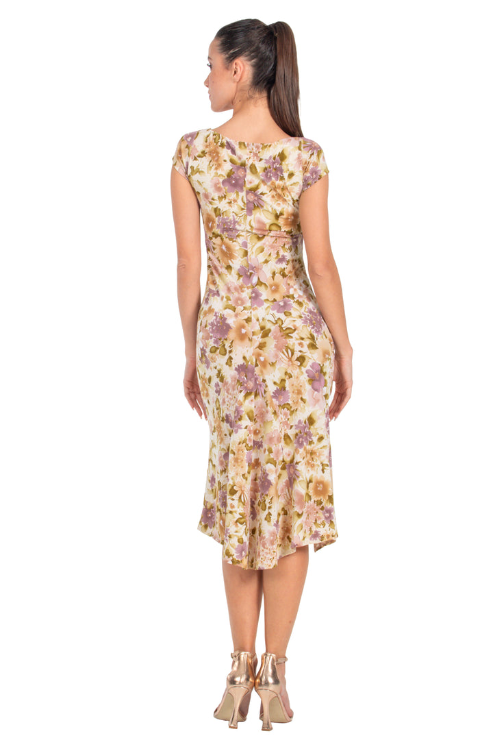 Muted Floral Bodycon Dance Dress With Front Ruffles And Gatherings
