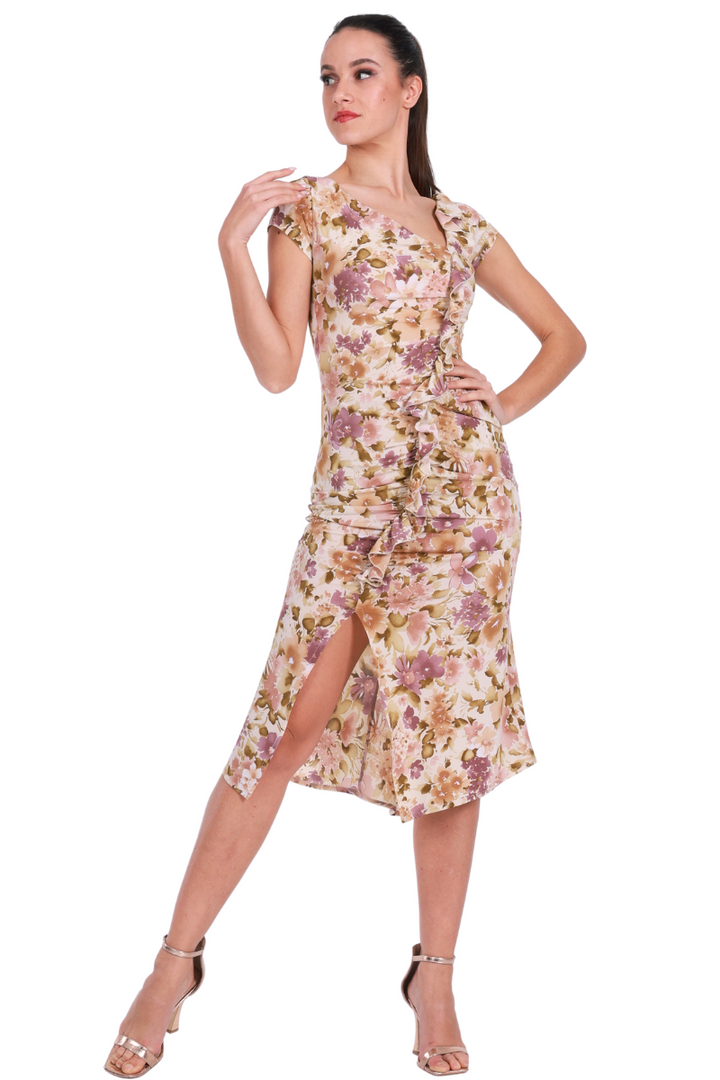 Muted Floral Bodycon Dance Dress With Front Ruffles And Gatherings
