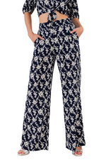 Load image into Gallery viewer, Navy Blue Floral Print Wide-Leg Pants