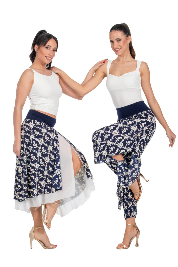 Navy Blue Floral Print Harem Pants With Slits