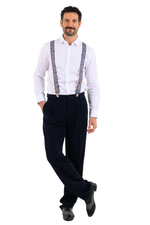 Load image into Gallery viewer, Navy Paisley Print Men&#39;s Adjustable Suspenders
