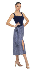 Load image into Gallery viewer, Navy Polka-Dot Matte Satin Dance Skirt With Tie &amp; Slit
