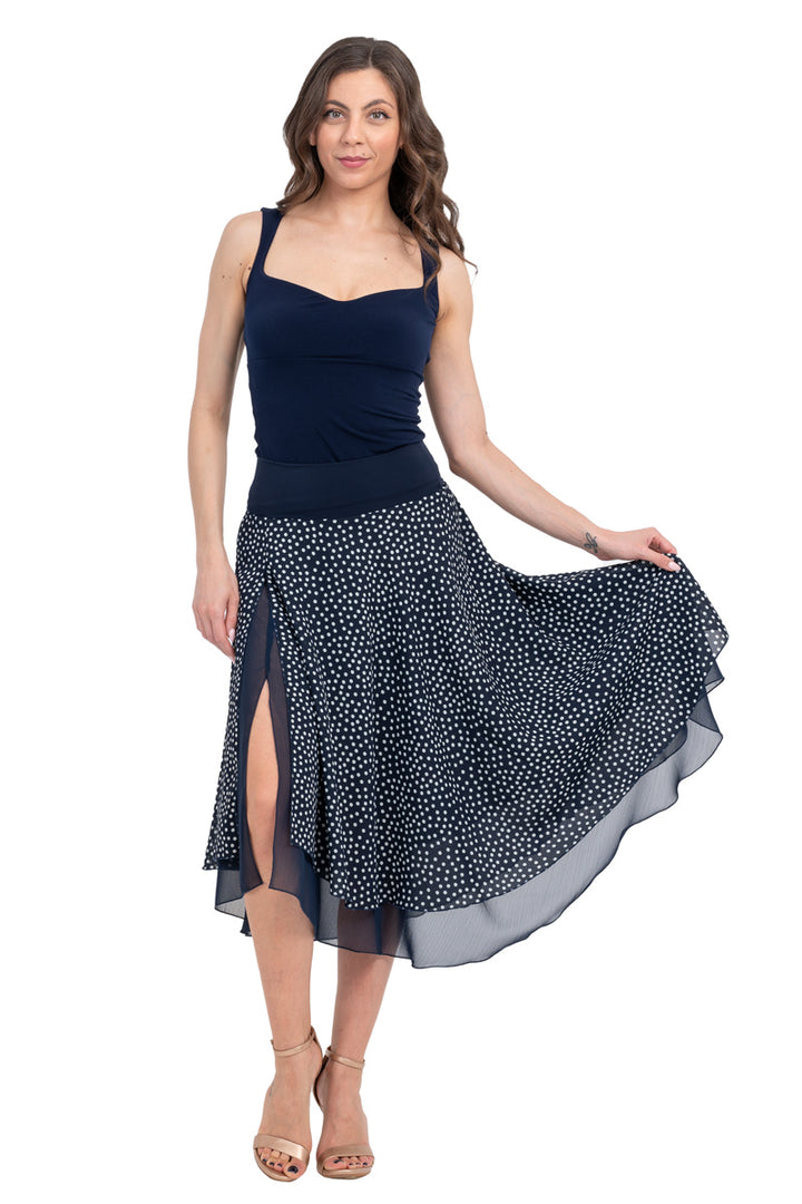Navy Polka-Dot Print Two-layer Georgette Dance Skirt
