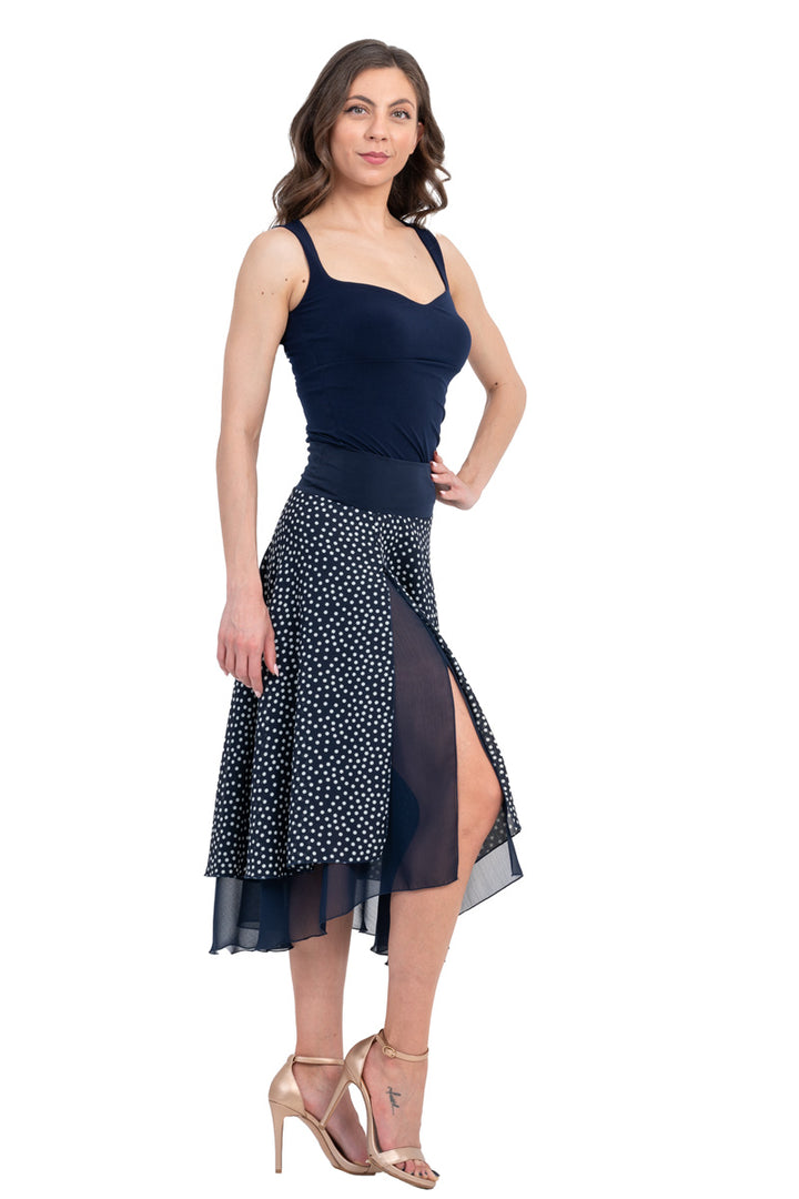 Navy Polka-Dot Print Two-layer Georgette Dance Skirt