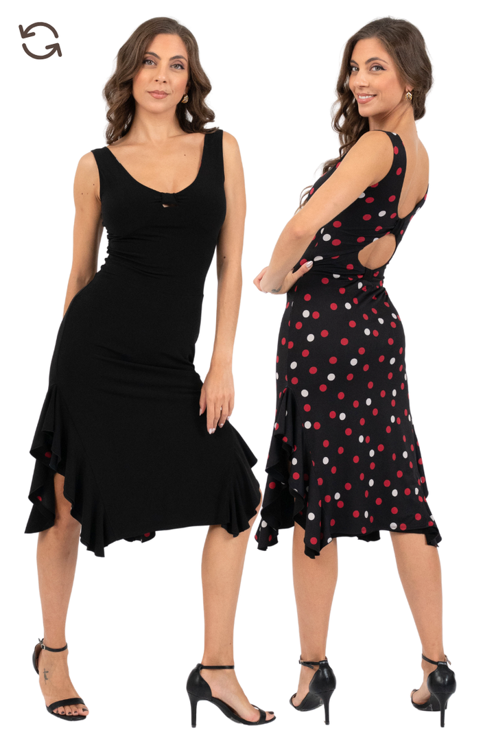 Reversible Polka Dot & Black Tango Dress with Side Ruffles