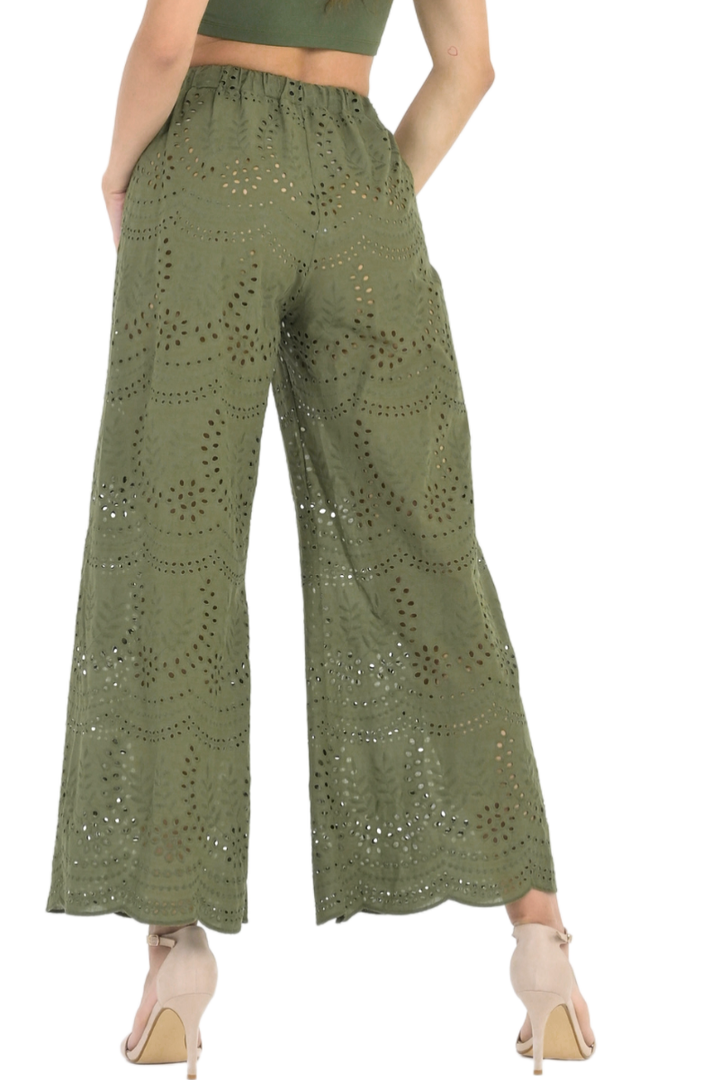 Olive Green Eyelet Embroidery Wide Leg Pants