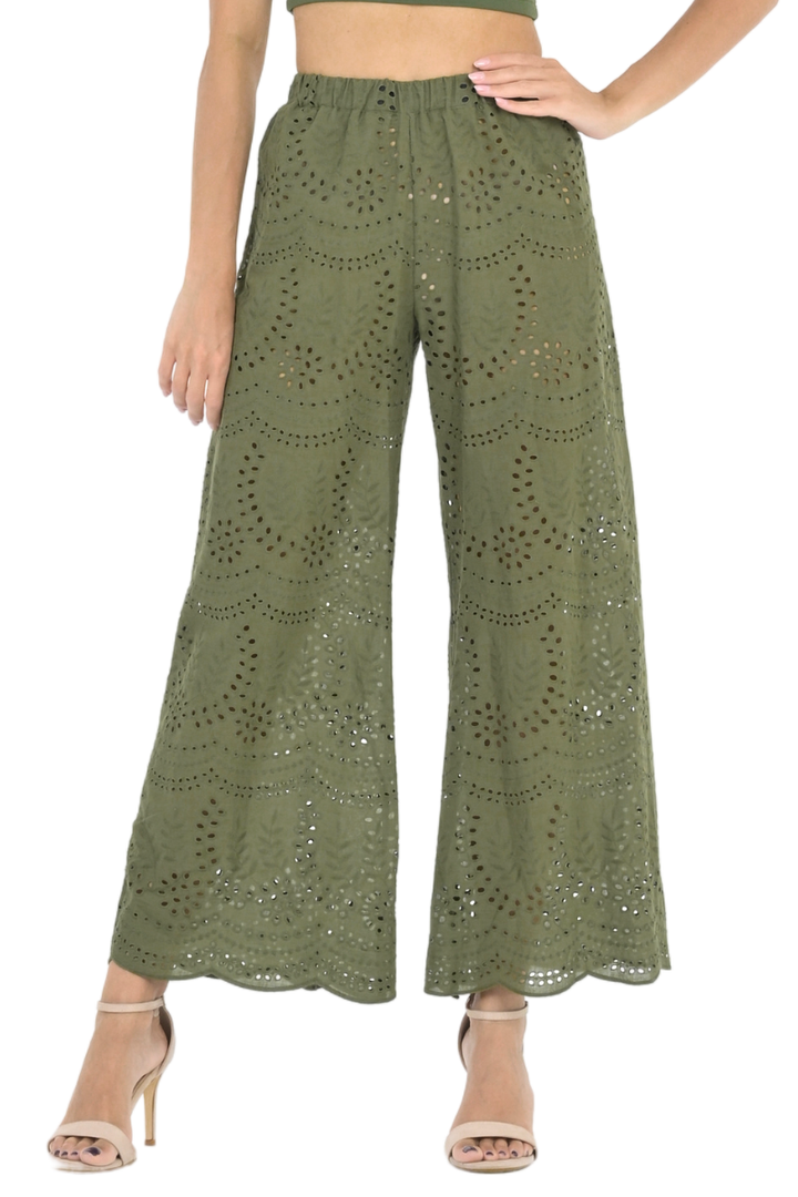 Olive Green Eyelet Embroidery Wide Leg Pants