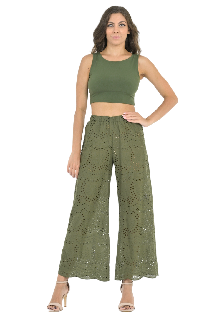 Olive Green Eyelet Embroidery Wide Leg Pants