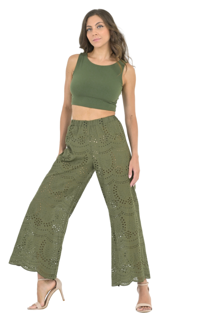 Olive Green Eyelet Embroidery Wide Leg Pants